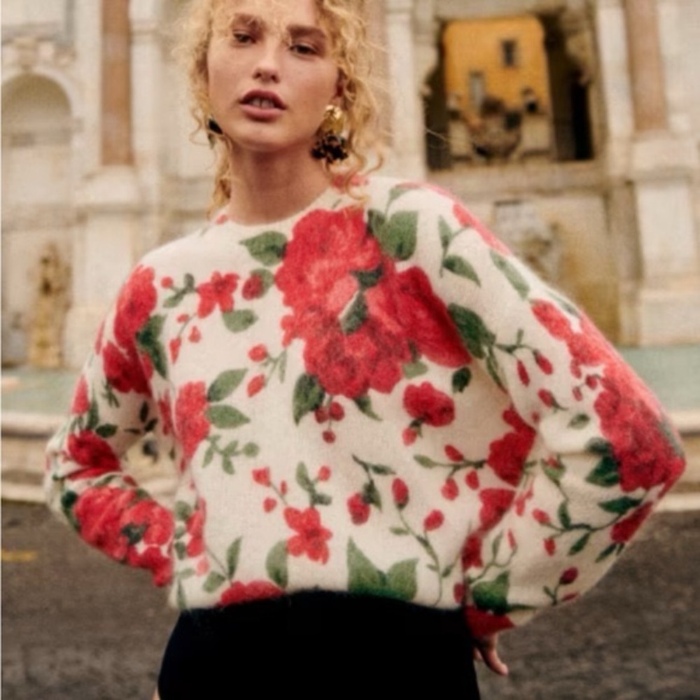 Sezane Cream Floral Knit Sweater with Red and Green Roses